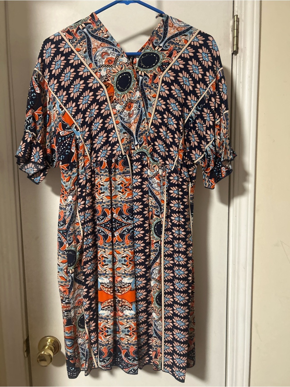 Navy and Orange Floral Paisley Short-Sleeve Women's Dress
